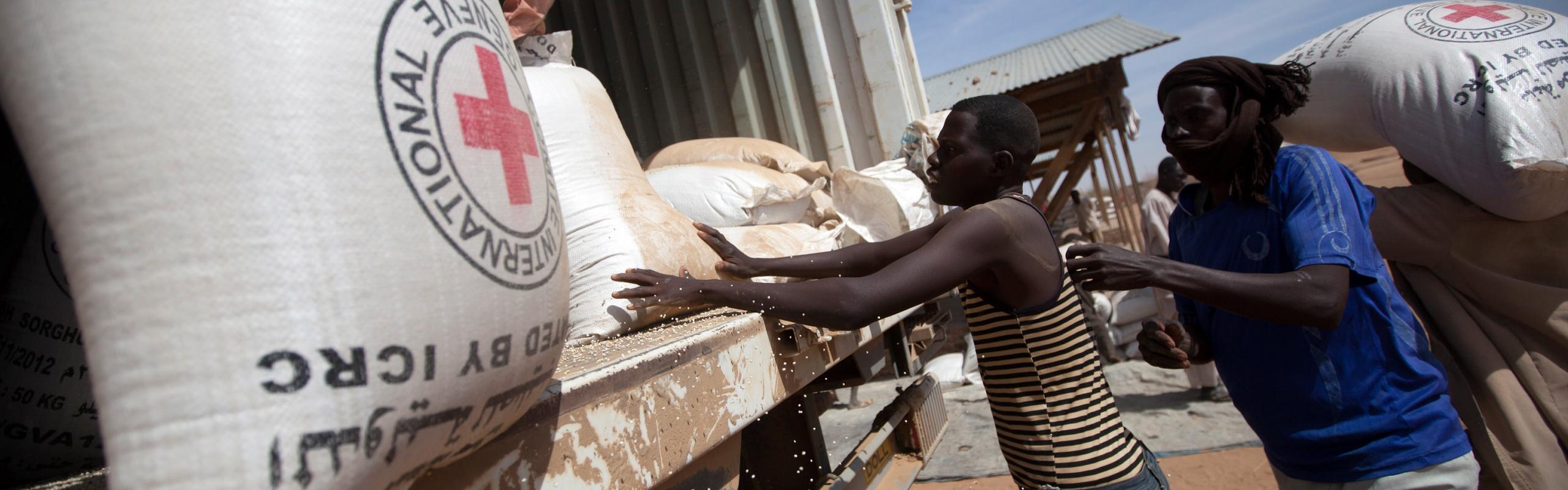 Community members at the Nifasha IDP camp in North Darfur unload bags of sorghum from a WFP truck.