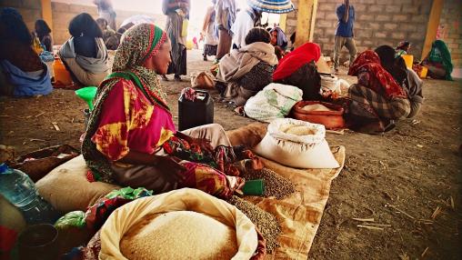 Woman sits among cloth sacks of grain in a market in Ethiopia