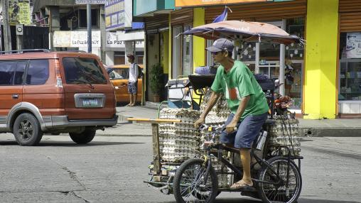 Man rides bicycle delivering trays of eggs to local market in Bacolod City, Philippines