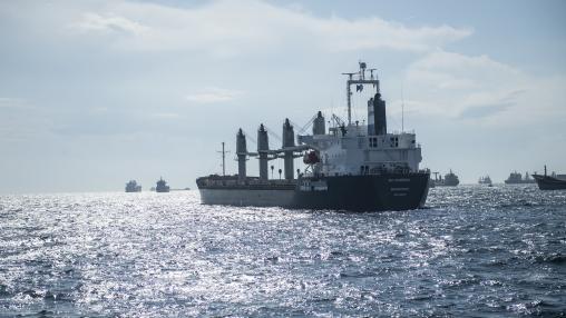 The BC Vanessa, a WFP-chartered vessel carrying Ukrainian grain destined for Afghanistan under the Black Sea Grain Initiative, in the Marmara Sea, awaiting inspection at the Joint Coordination Centre, Istanbul, Türkiye, 28 September 2022
