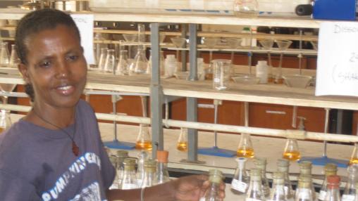 Laboratory technician in a blue t-shirt at the Soils lab at Hawassa University College of Agriculture, shaking bones with coffee wastewater 