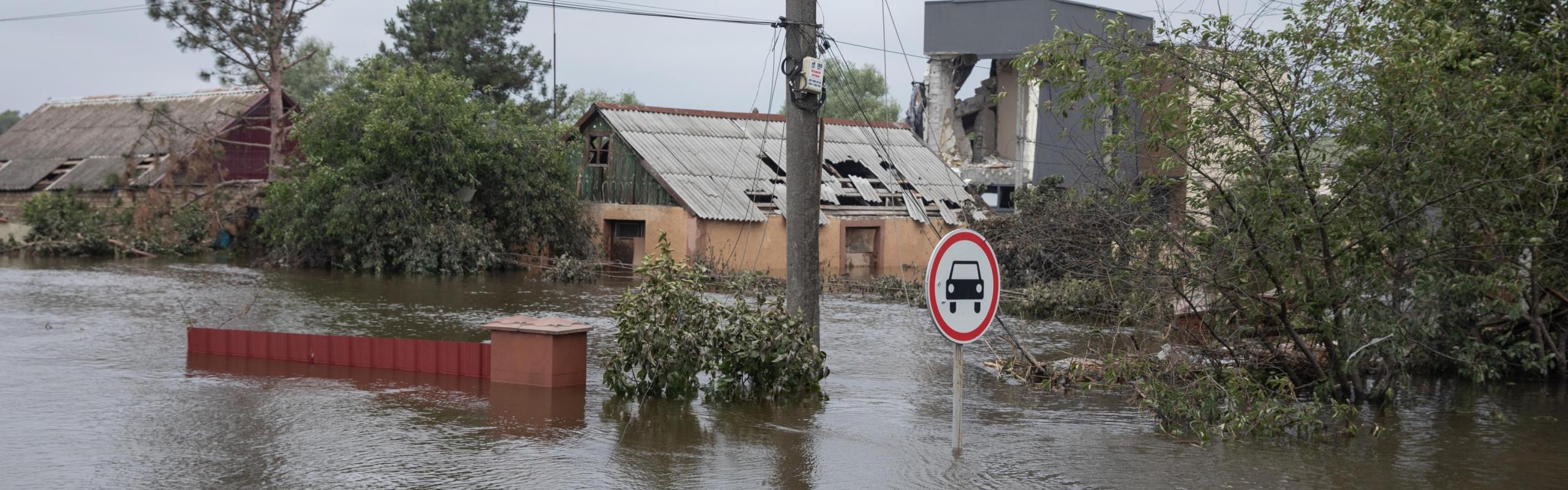 Flooded streets of Kherson, Ukraine following the breaching of the Kakhovka dam in June 2023. The disaster killed dozens and destroyed agricultural infrastructure over a wide area.