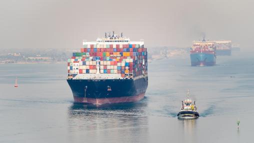 Cargo ships navigate the Suez Canal