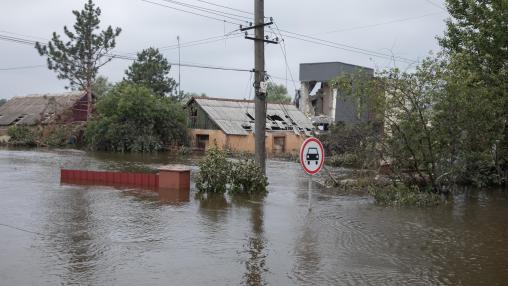 Flooded streets of Kherson, Ukraine following the breaching of the Kakhovka dam in June 2023. The disaster killed dozens and destroyed agricultural infrastructure over a wide area.